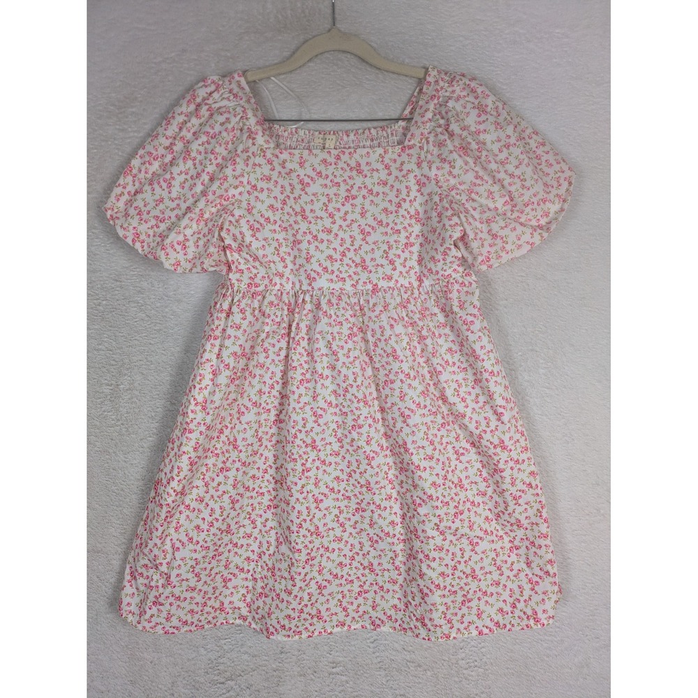 Copper Key Dress Kid's L White Pink Floral Puff Sleeve Smocked Back